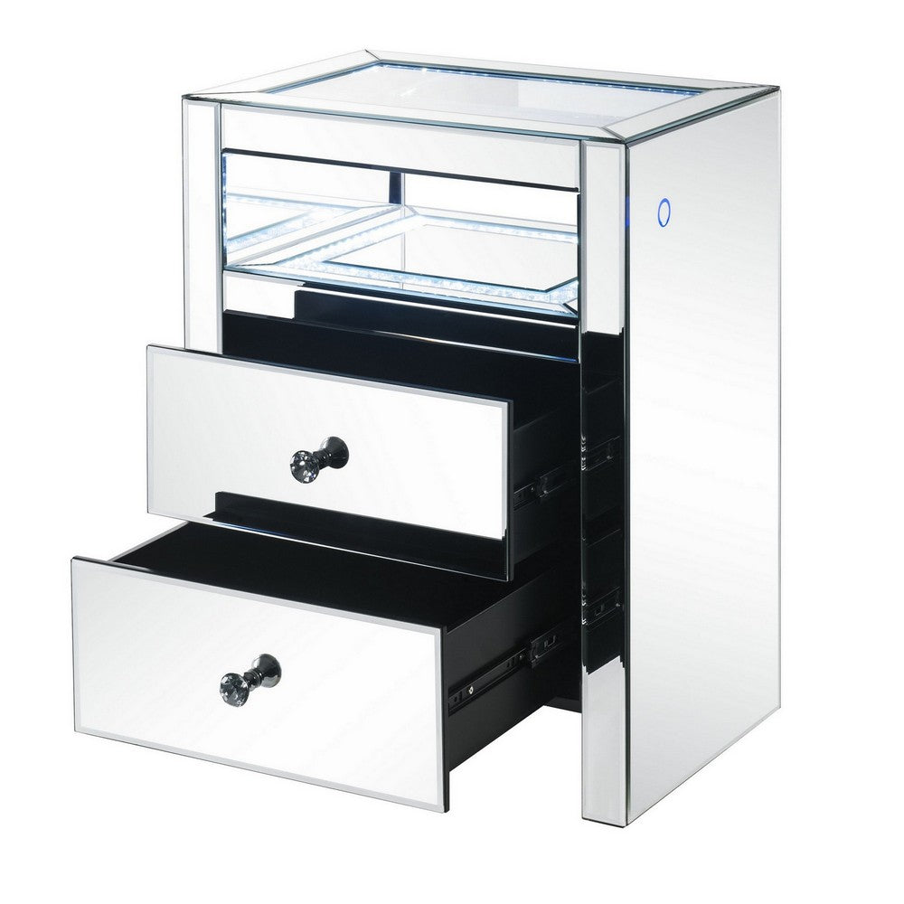 2 Drawer Beveled Mirrored Accent Table with Glass Top and LED, Silver - BM225703