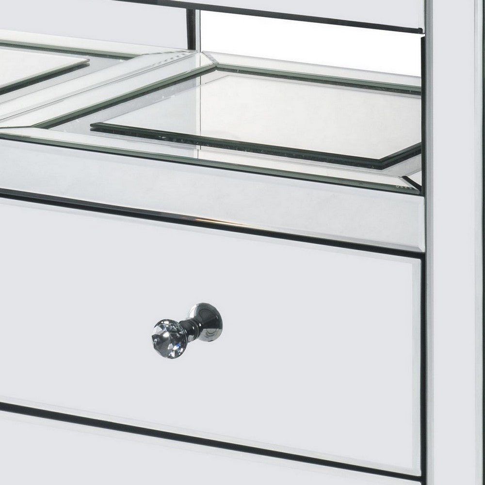 2 Drawer Beveled Mirrored Accent Table with Glass Top and LED, Silver - BM225703