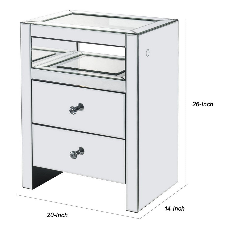 2 Drawer Beveled Mirrored Accent Table with Glass Top and LED, Silver - BM225703