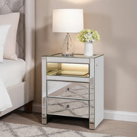2 Drawer Beveled Mirrored Accent Table with Glass Top and LED, Silver - BM225703