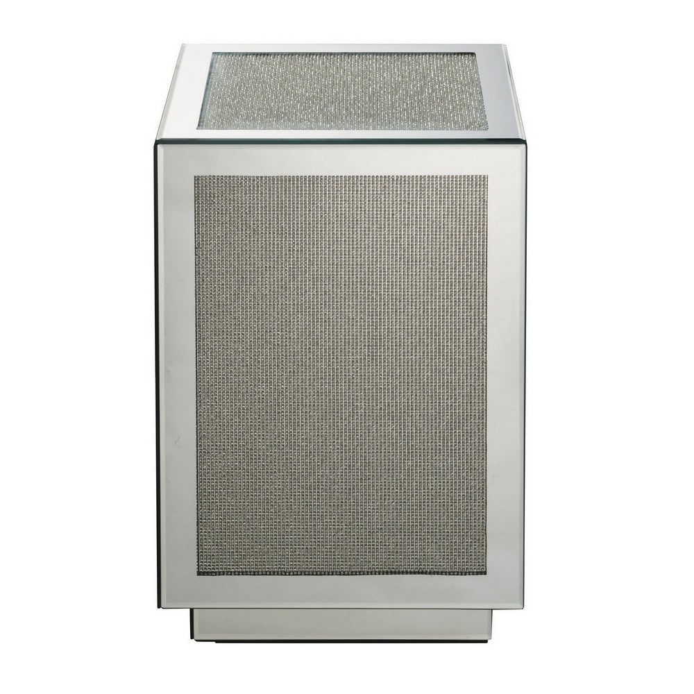 Mirrored Accent Table with Faux Diamond Inlay and Glass Top, Silver - BM225704