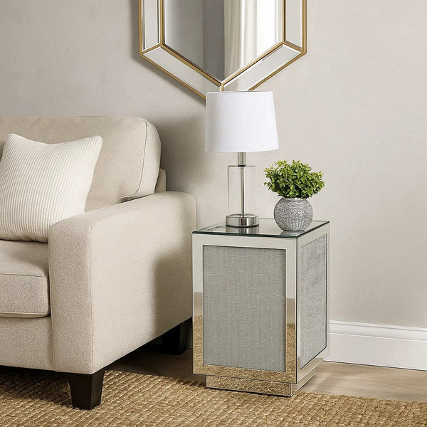 Mirrored Accent Table with Faux Diamond Inlay and Glass Top, Silver - BM225704