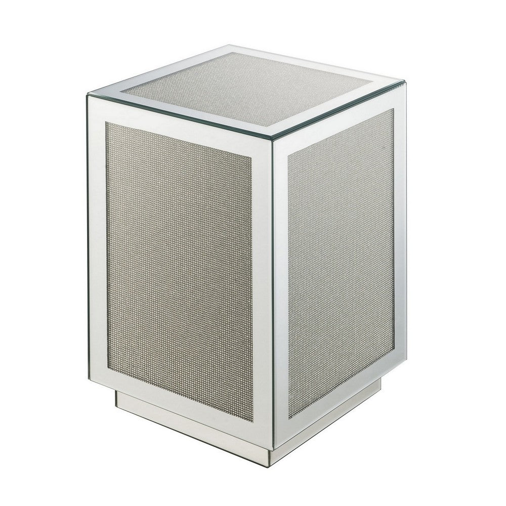 Mirrored Accent Table with Faux Diamond Inlay and Glass Top, Silver - BM225704