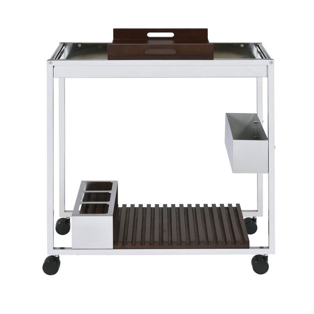 Metal and Wood Serving Cart with Tray and Floating Shelf, Brown and White - BM225725