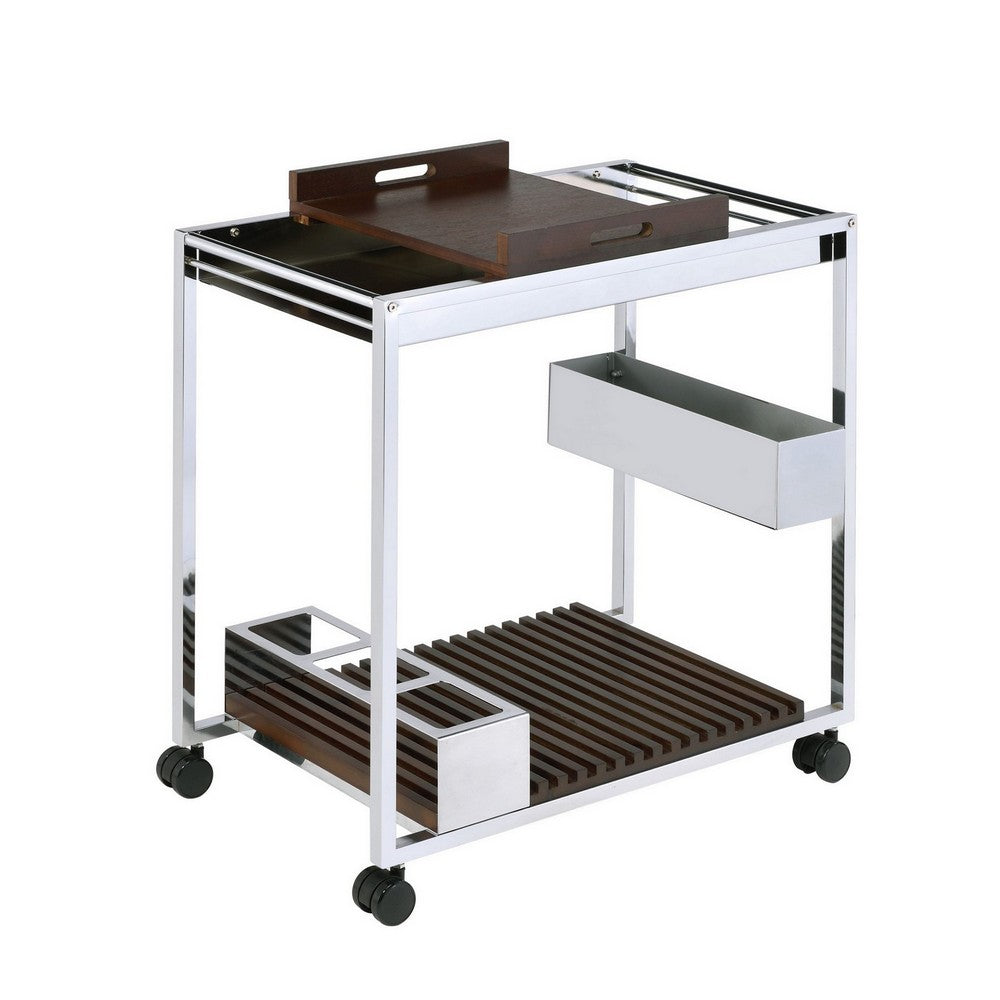 Metal and Wood Serving Cart with Tray and Floating Shelf, Brown and White - BM225725