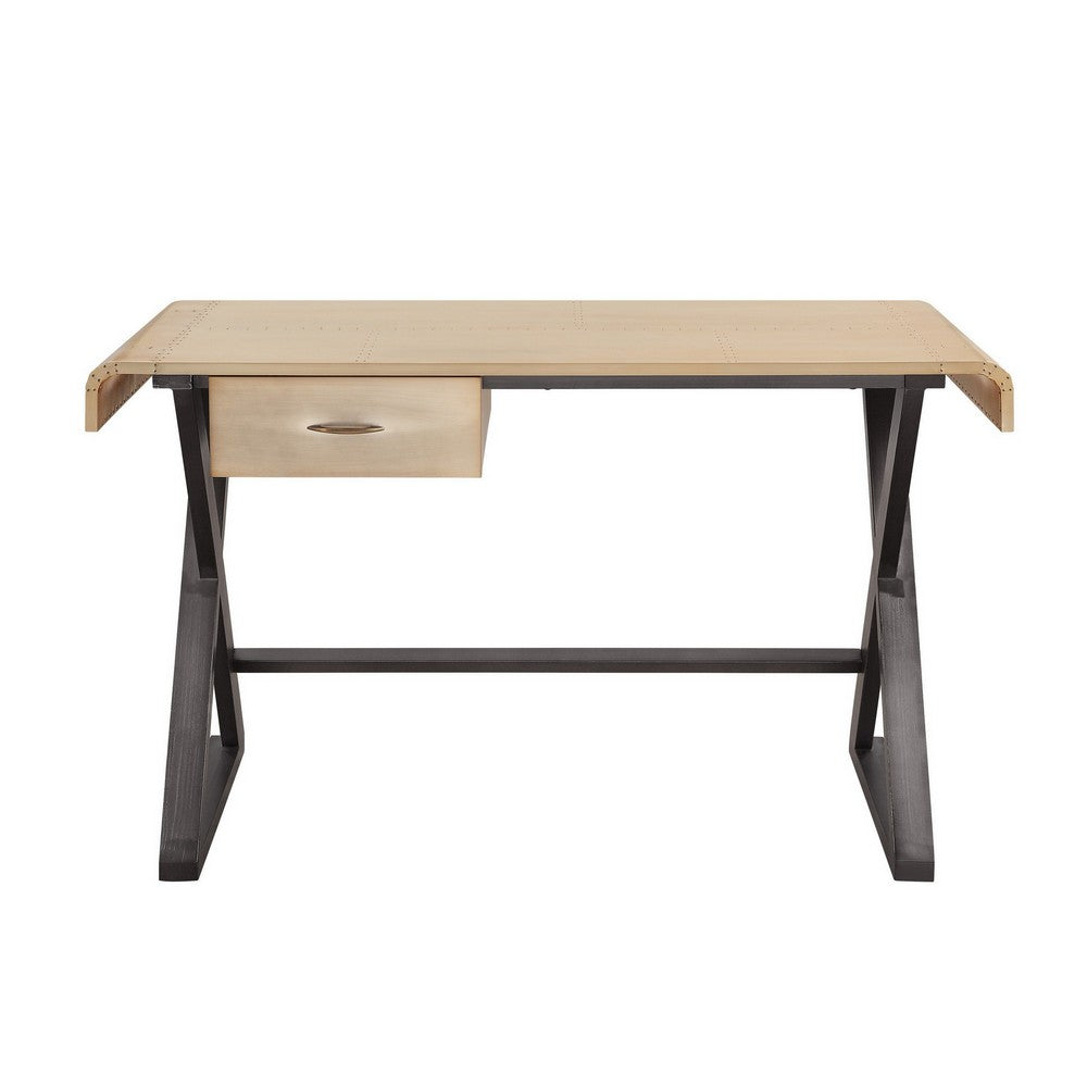 Aluminum Patchwork Rectangular Desk with X Trestle Base, Gold and Black - BM225728