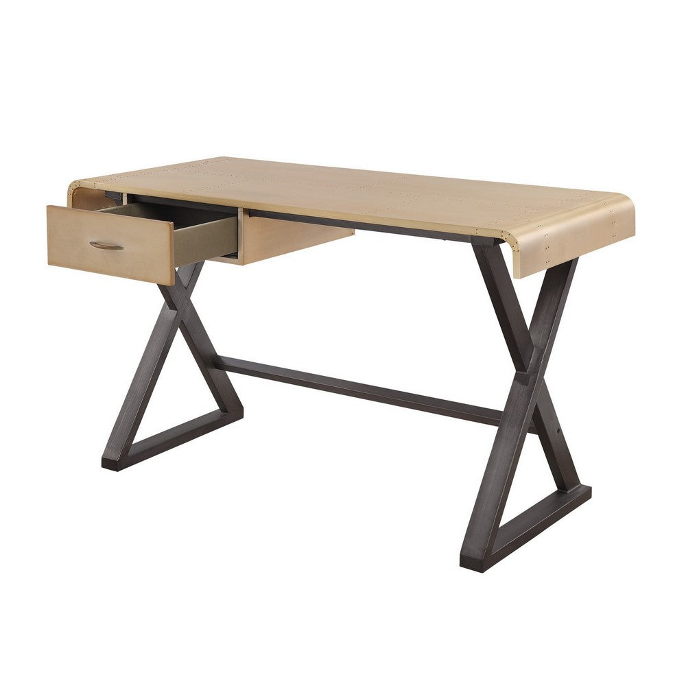 Aluminum Patchwork Rectangular Desk with X Trestle Base, Gold and Black - BM225728