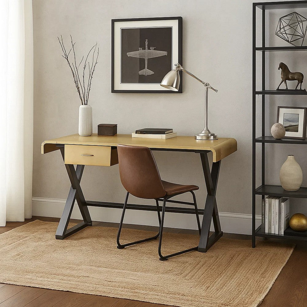 Aluminum Patchwork Rectangular Desk with X Trestle Base, Gold and Black - BM225728