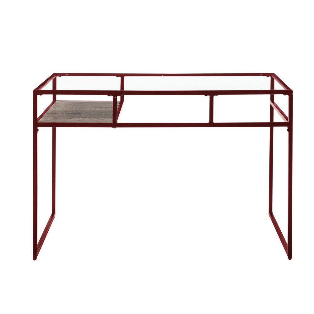 Rectangular Glass Top Desk with Open Compartment and Sled Base, Red - BM225732