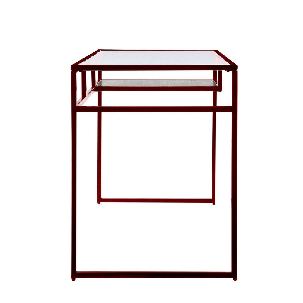 Rectangular Glass Top Desk with Open Compartment and Sled Base, Red - BM225732