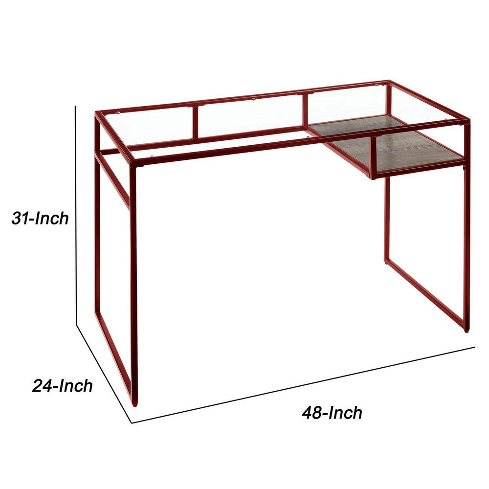 Rectangular Glass Top Desk with Open Compartment and Sled Base, Red - BM225732