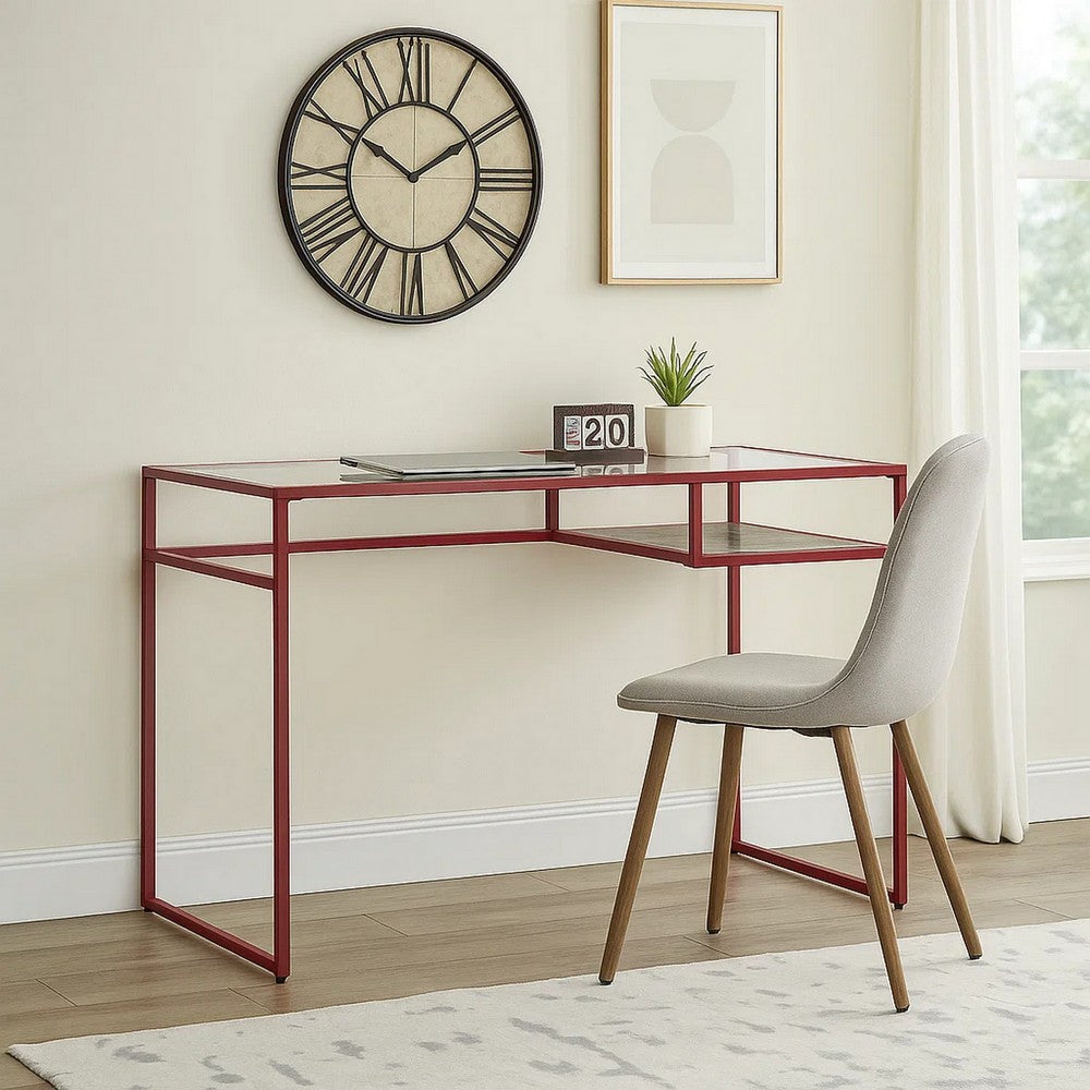 Rectangular Glass Top Desk with Open Compartment and Sled Base, Red - BM225732