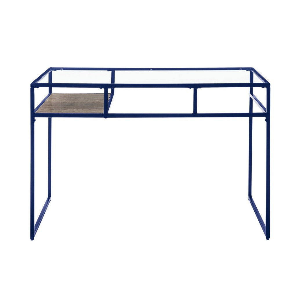 Rectangular Glass Top Desk with Open Compartment and Sled Base, Blue - BM225733