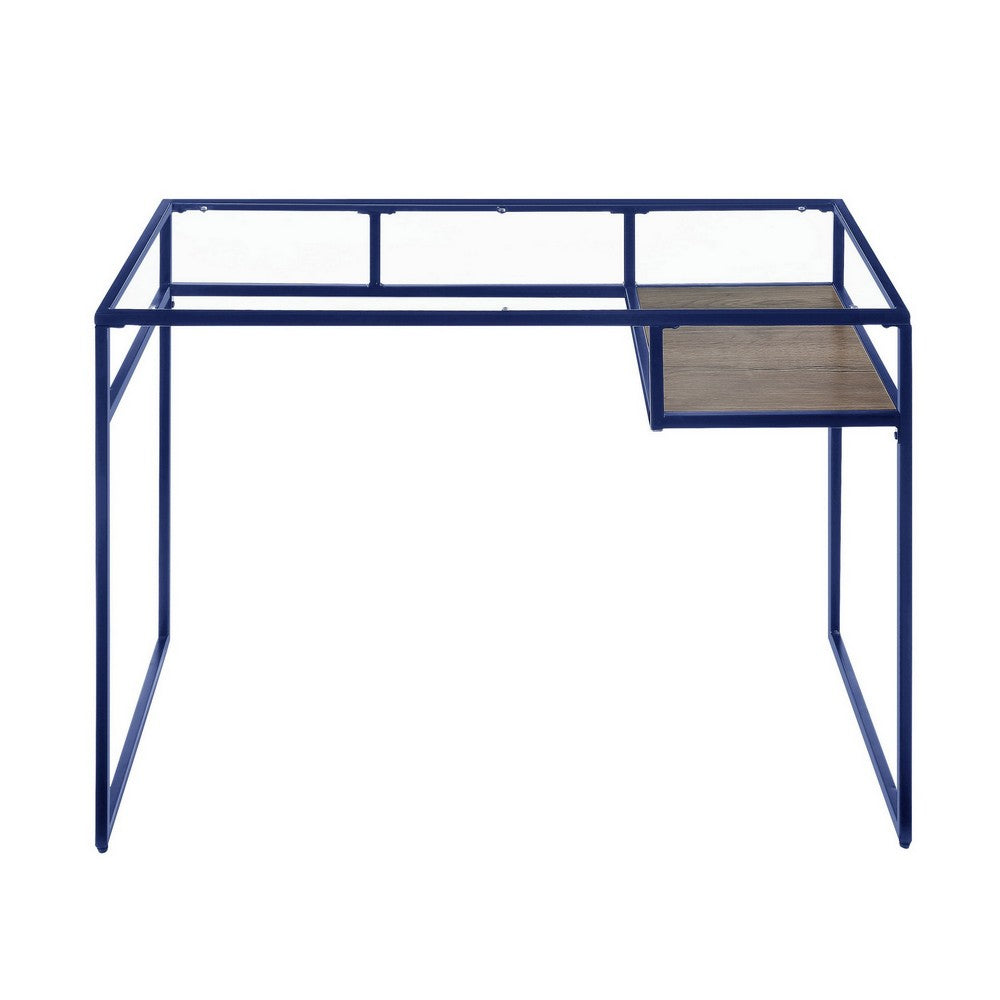 Rectangular Glass Top Desk with Open Compartment and Sled Base, Blue - BM225733