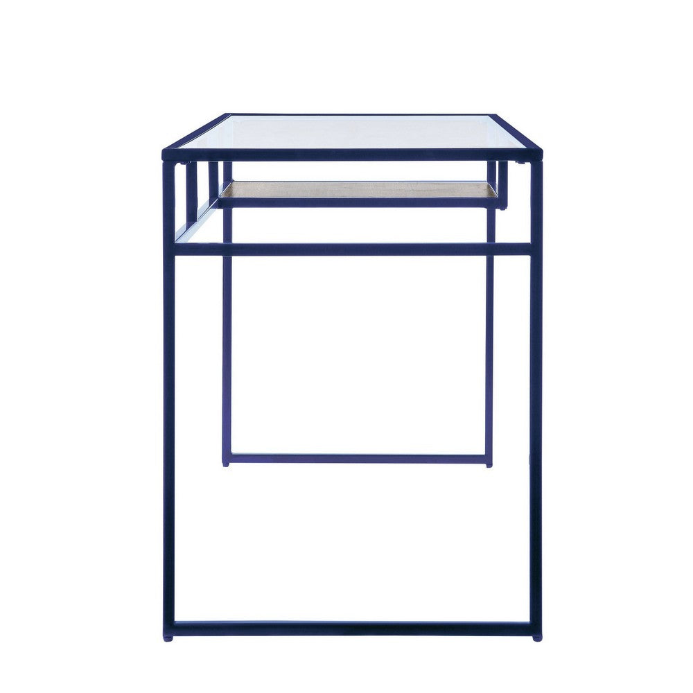 Rectangular Glass Top Desk with Open Compartment and Sled Base, Blue - BM225733