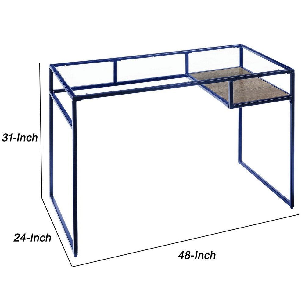 Rectangular Glass Top Desk with Open Compartment and Sled Base, Blue - BM225733