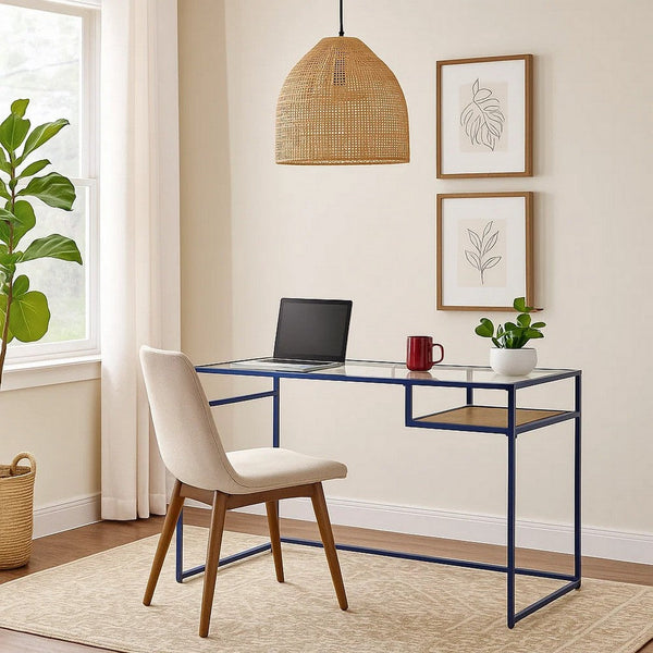 Rectangular Glass Top Desk with Open Compartment and Sled Base, Blue - BM225733