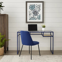 Rectangular Glass Top Desk with Open Compartment and Sled Base, Blue - BM225733