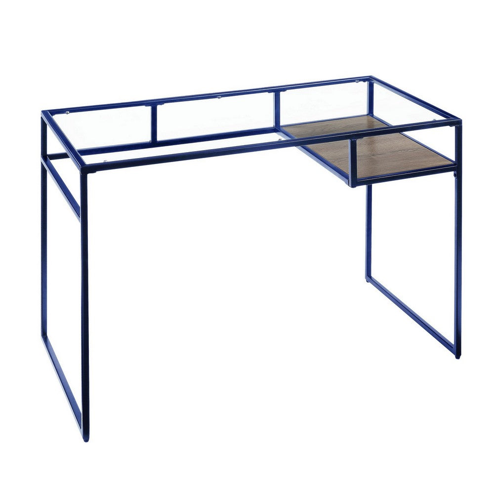 Rectangular Glass Top Desk with Open Compartment and Sled Base, Blue - BM225733