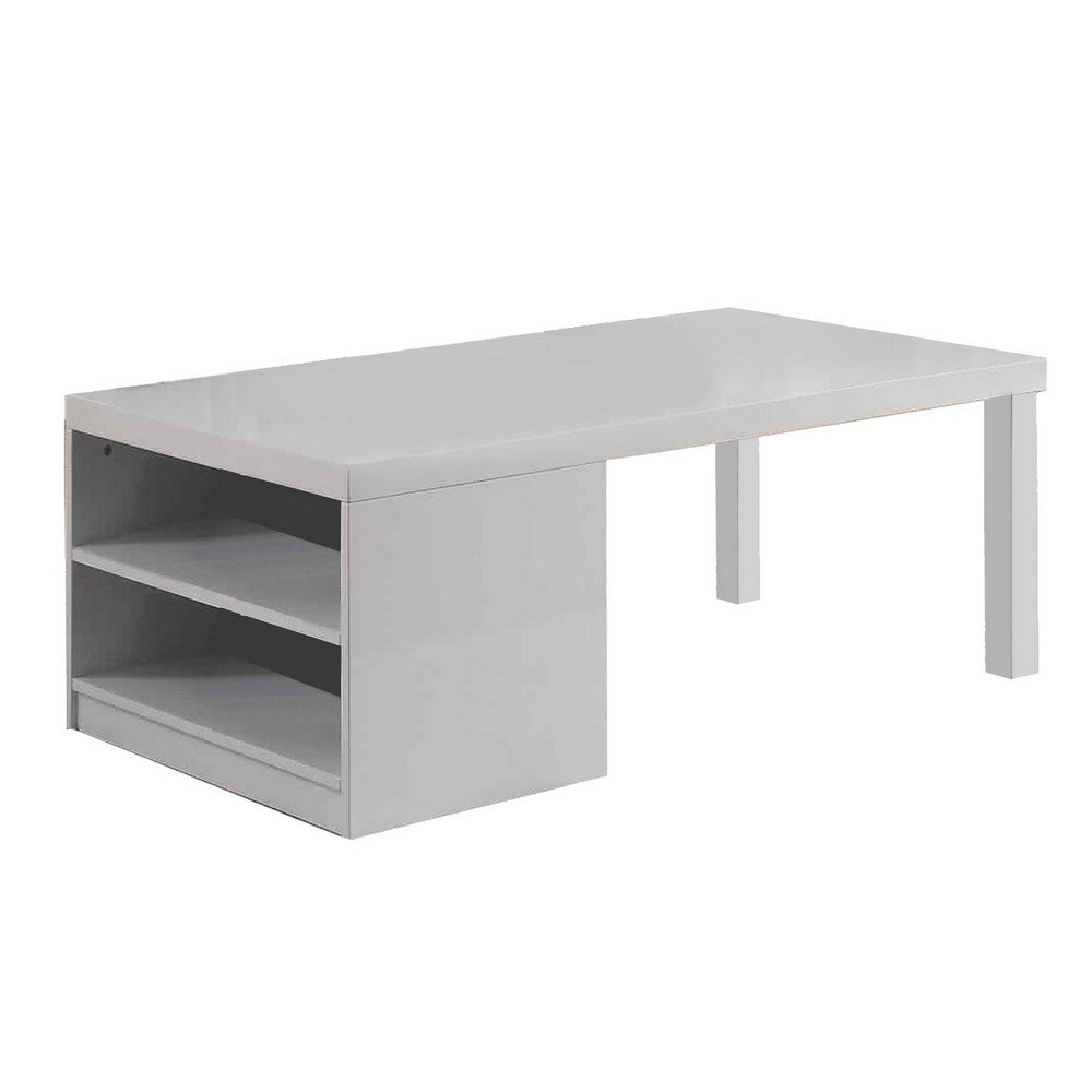 Wood and Metal Frame Coffee Table with Open Shelves, White and Chrome - BM225742