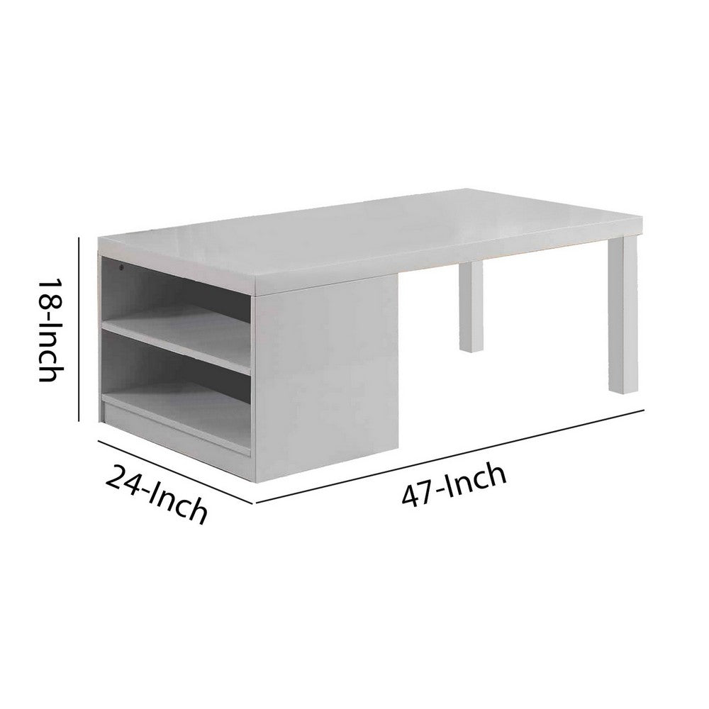 Wood and Metal Frame Coffee Table with Open Shelves, White and Chrome - BM225742