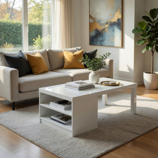 Wood and Metal Frame Coffee Table with Open Shelves, White and Chrome - BM225742