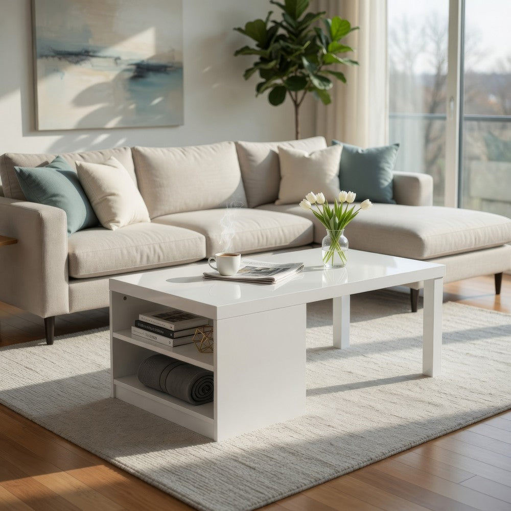 Wood and Metal Frame Coffee Table with Open Shelves, White and Chrome - BM225742