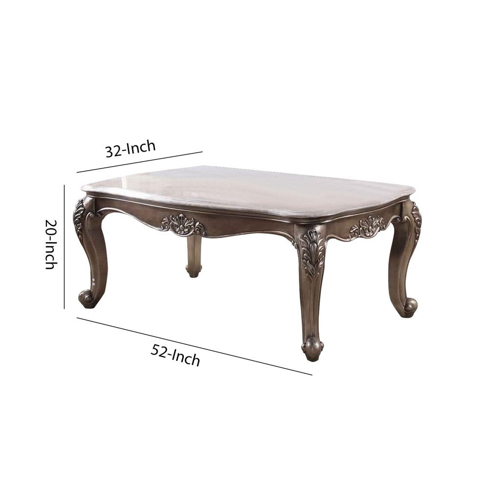 Faux Marble Top Engraved Wooden Frame Coffee Table, Off White and Gold - BM225746