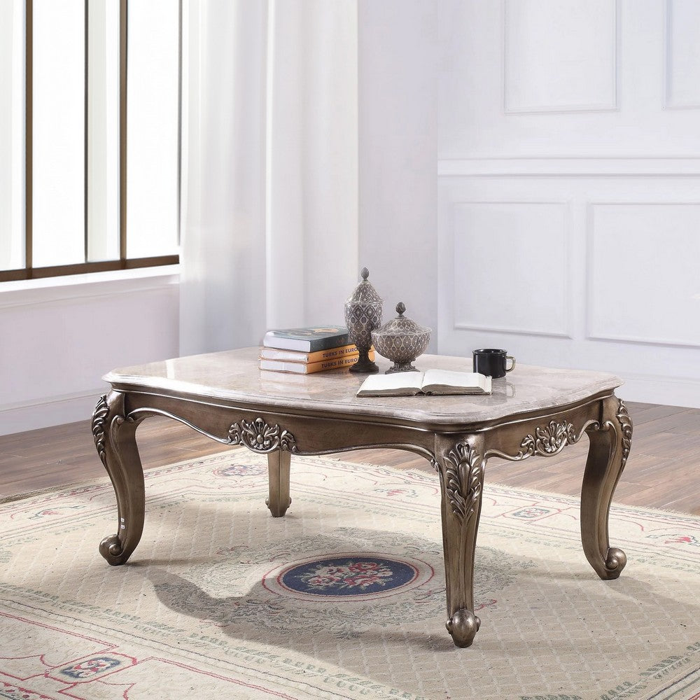 Faux Marble Top Engraved Wooden Frame Coffee Table, Off White and Gold - BM225746