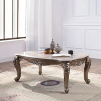 Faux Marble Top Engraved Wooden Frame Coffee Table, Off White and Gold - BM225746