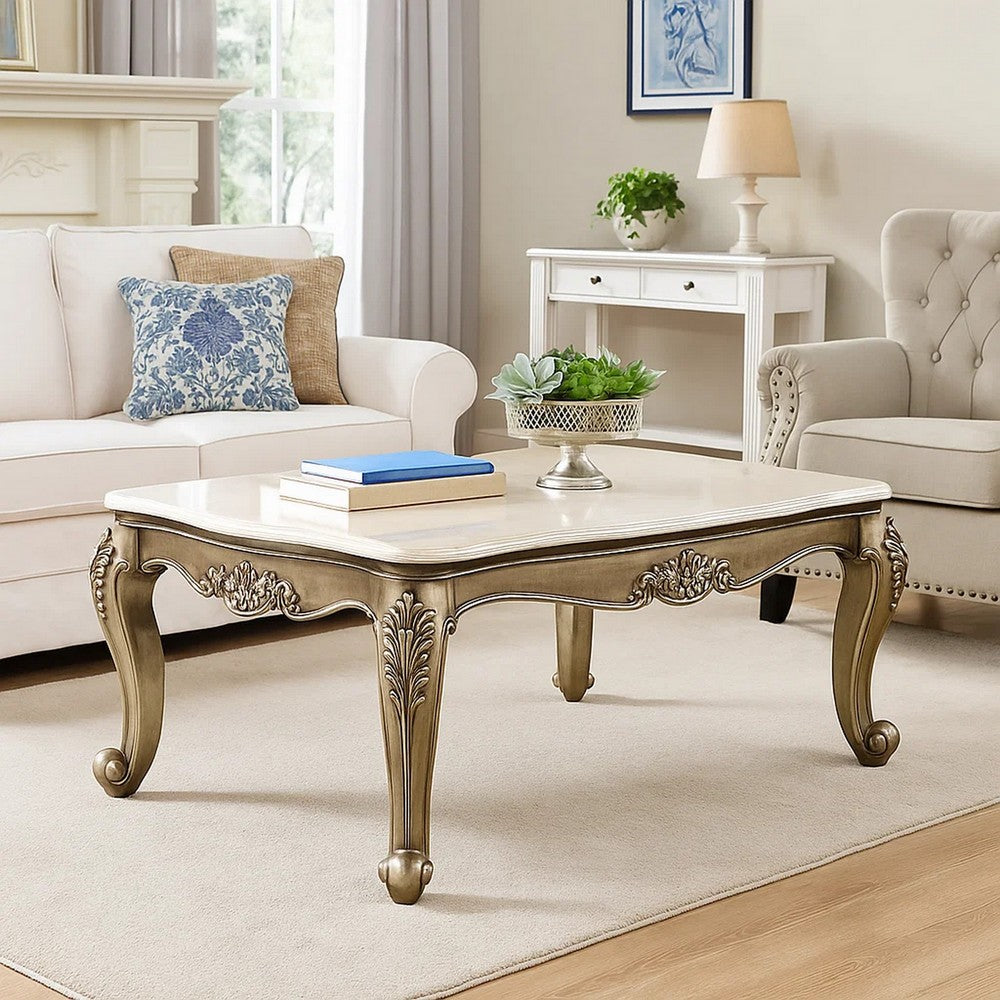 Faux Marble Top Engraved Wooden Frame Coffee Table, Off White and Gold - BM225746