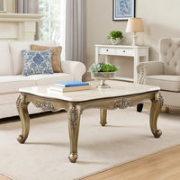 Faux Marble Top Engraved Wooden Frame Coffee Table, Off White and Gold - BM225746