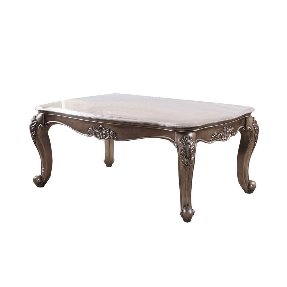 Faux Marble Top Engraved Wooden Frame Coffee Table, Off White and Gold - BM225746