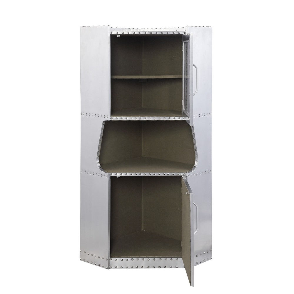 2 Door Aluminum Cabinet with Open Compartment and Rivet Accents, Silver - BM225863