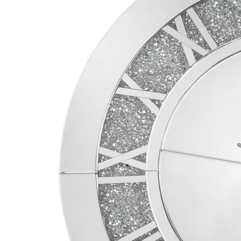 Round Beveled Mirror Frame Wall Clock with Faux diamond Inlay, Silver - BM225865