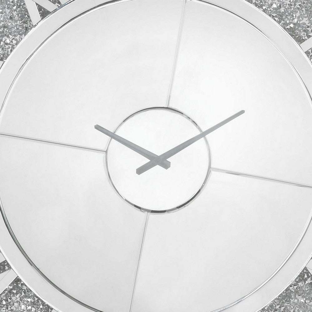 Round Beveled Mirror Frame Wall Clock with Faux diamond Inlay, Silver - BM225865