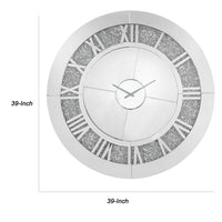 Round Beveled Mirror Frame Wall Clock with Faux diamond Inlay, Silver - BM225865