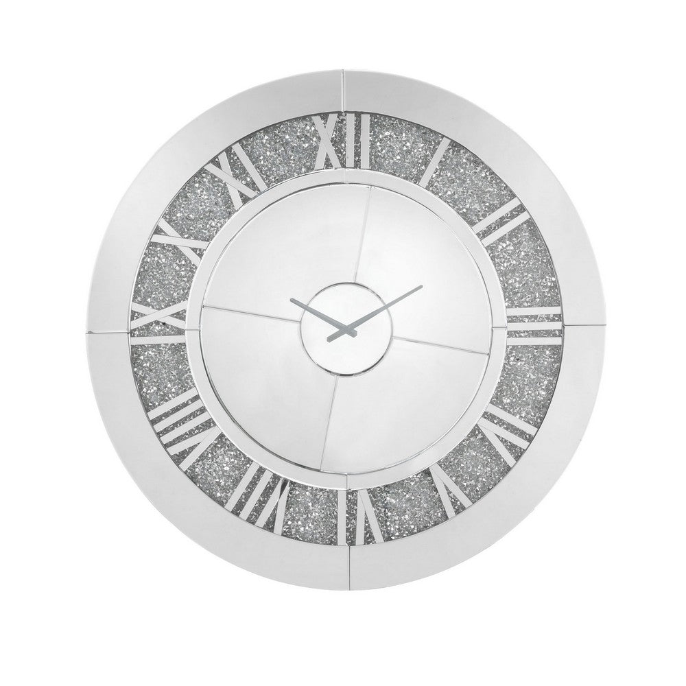 Round Beveled Mirror Frame Wall Clock with Faux diamond Inlay, Silver - BM225865