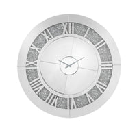 Round Beveled Mirror Frame Wall Clock with Faux diamond Inlay, Silver - BM225865