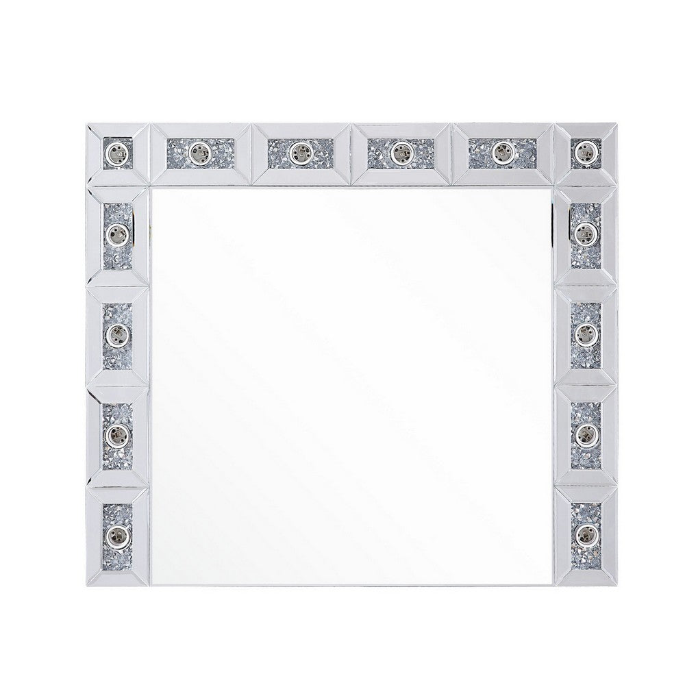 Mirror Panel Frame Wall Decor with Light Function and Faux Diamond, Silver - BM225873