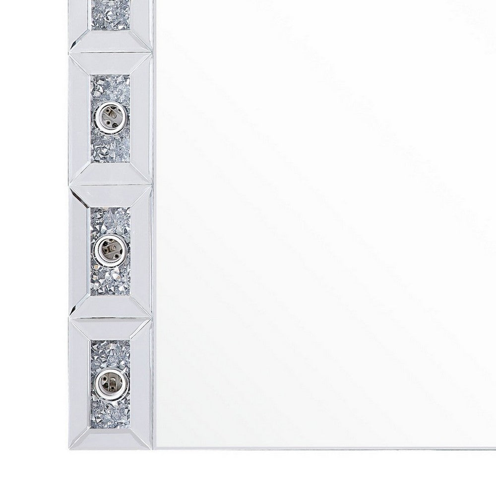 Mirror Panel Frame Wall Decor with Light Function and Faux Diamond, Silver - BM225873