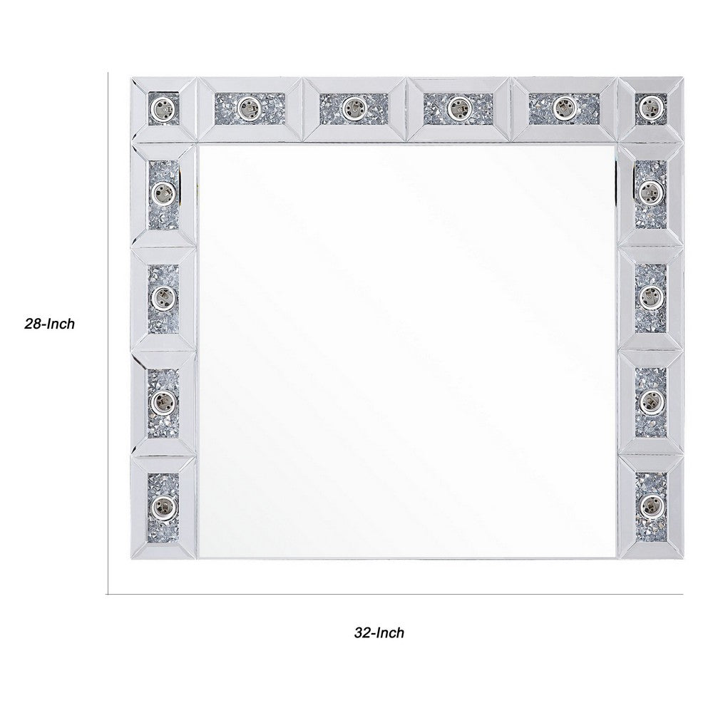 Mirror Panel Frame Wall Decor with Light Function and Faux Diamond, Silver - BM225873