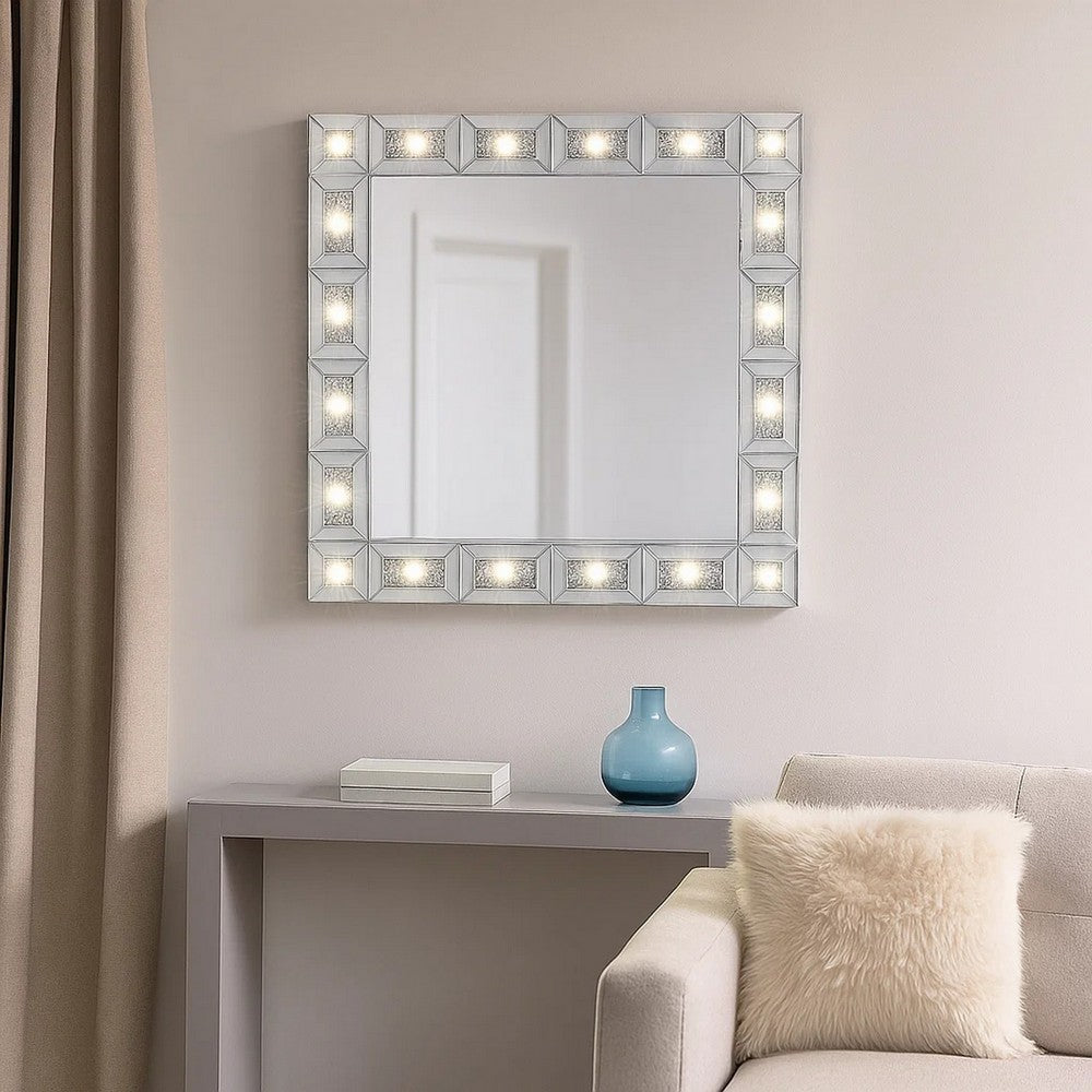 Mirror Panel Frame Wall Decor with Light Function and Faux Diamond, Silver - BM225873