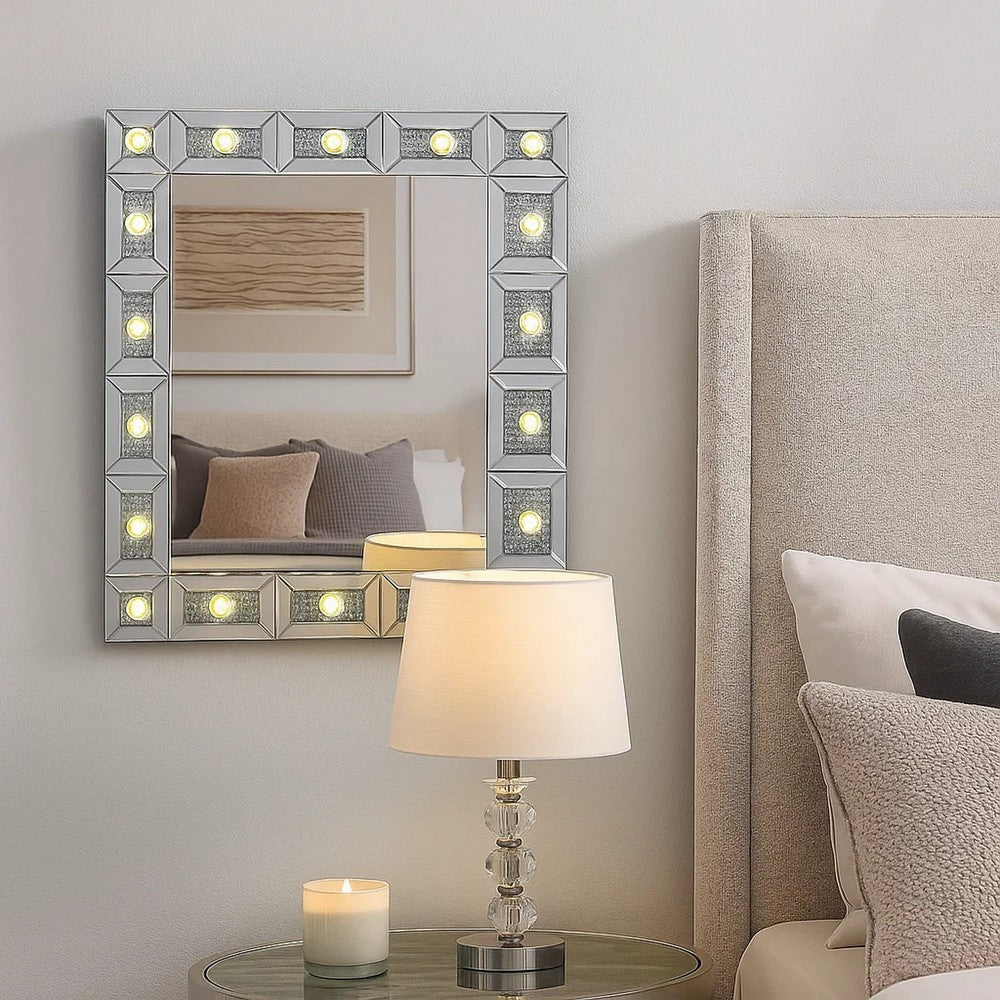 Mirror Panel Frame Wall Decor with Light Function and Faux Diamond, Silver - BM225873