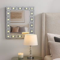 Mirror Panel Frame Wall Decor with Light Function and Faux Diamond, Silver - BM225873