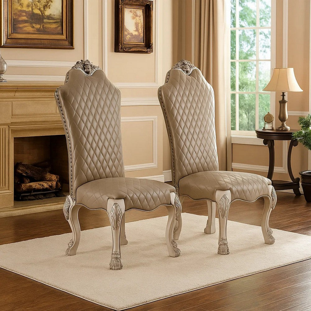 Leatherette Side Chair with High Back and Claw Legs, Set of 2,Antique White - BM225880