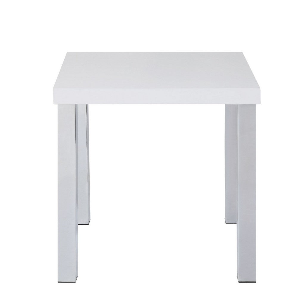 Square Wooden End Table with Straight Metal Legs, White and Chrome - BM225891