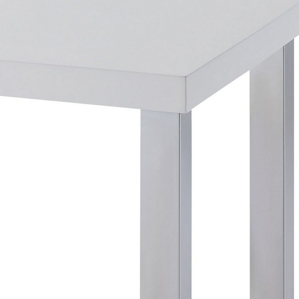 Square Wooden End Table with Straight Metal Legs, White and Chrome - BM225891