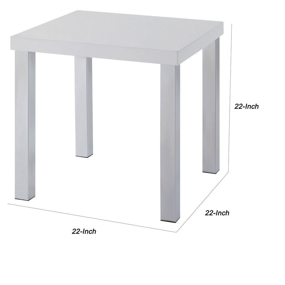 Square Wooden End Table with Straight Metal Legs, White and Chrome - BM225891
