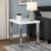 Square Wooden End Table with Straight Metal Legs, White and Chrome - BM225891